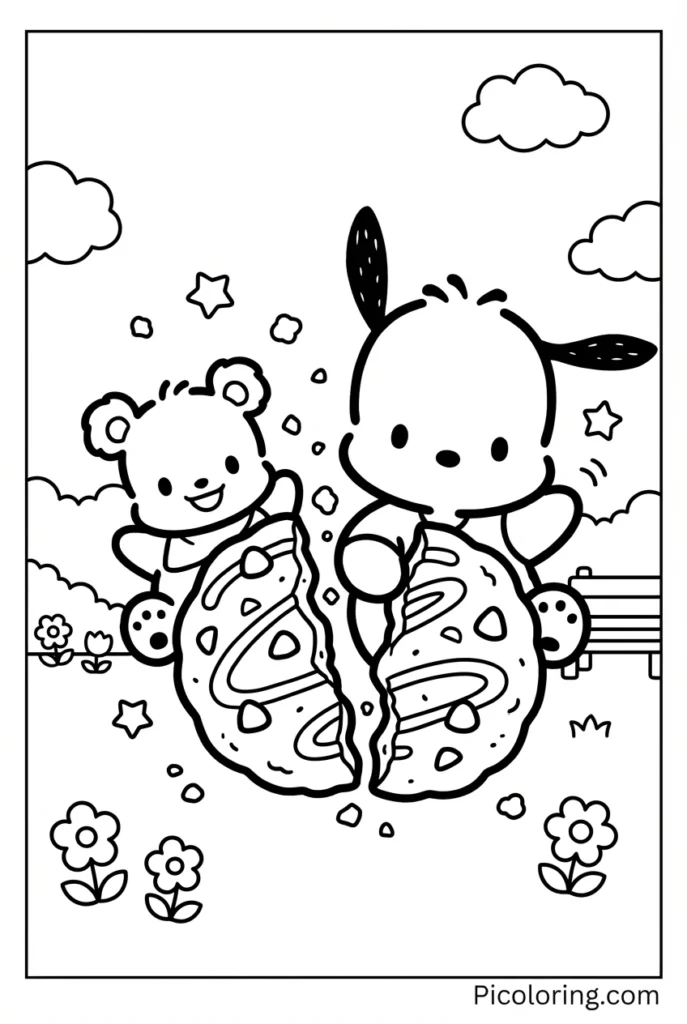 Pochacco sharing a big cookie with a friend