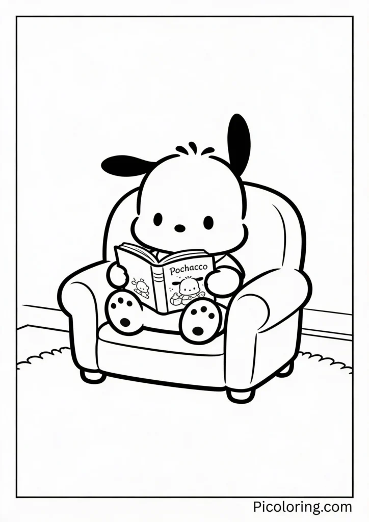 Pochacco sitting in a cozy chair reading a storybook