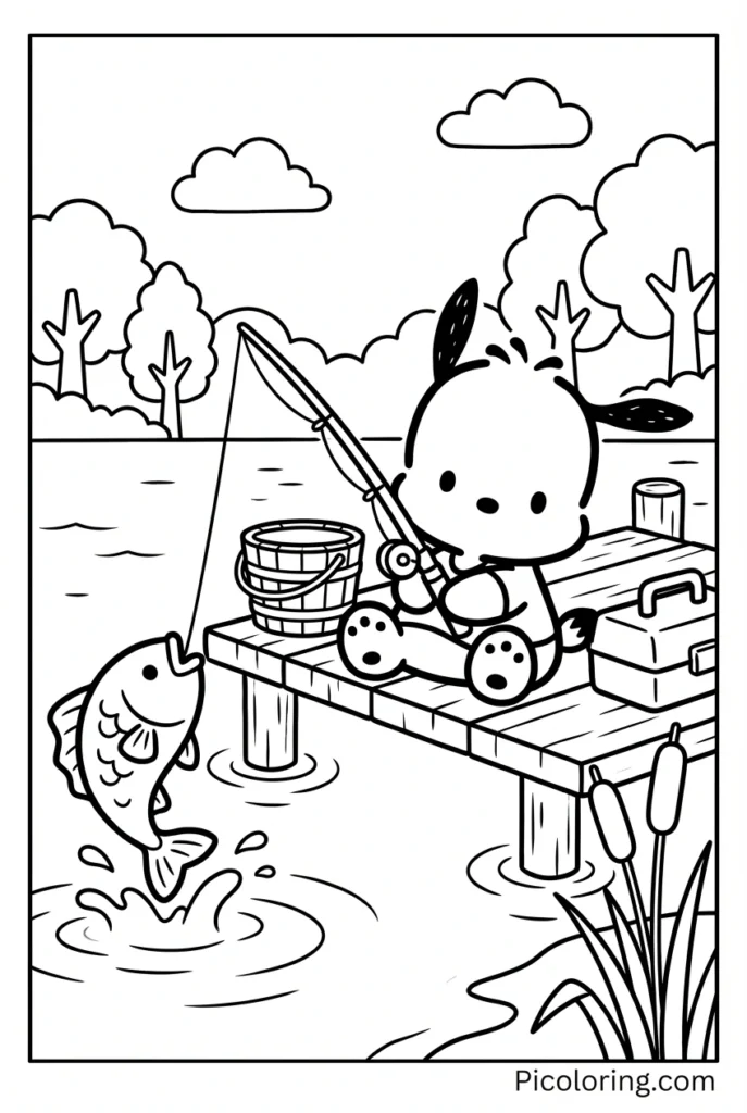 Pochacco sitting on a dock holding a fishing rod with fish jumping