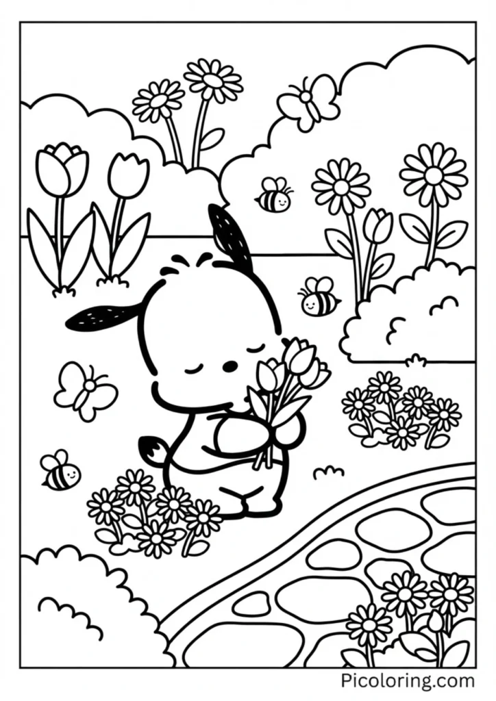 Pochacco playing in a pile of fallen leaves with acorns around
