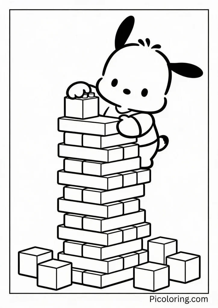 Pochacco stacking colorful building blocks into a tower