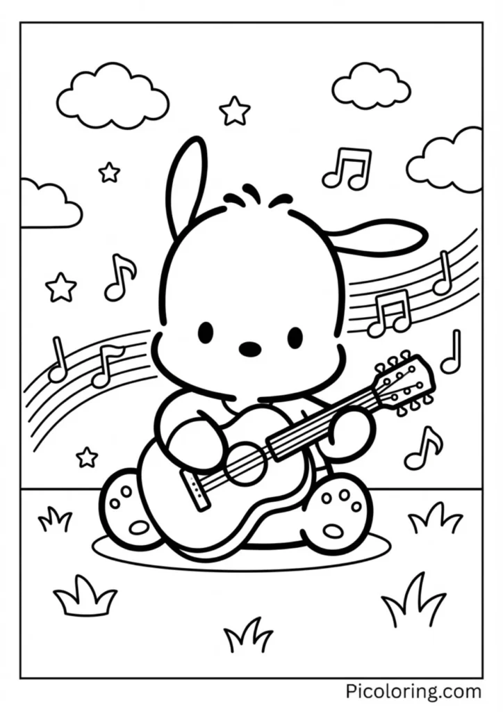 Pochacco strumming an acoustic guitar with music notes floating around