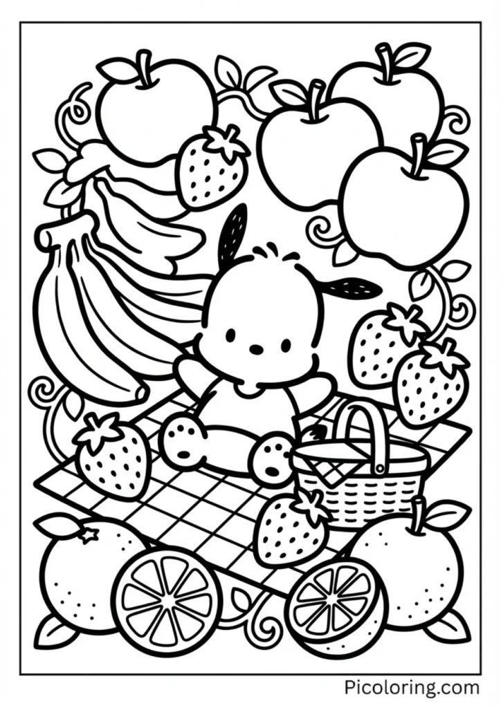 Pochacco surrounded by apples, bananas, strawberries, and oranges