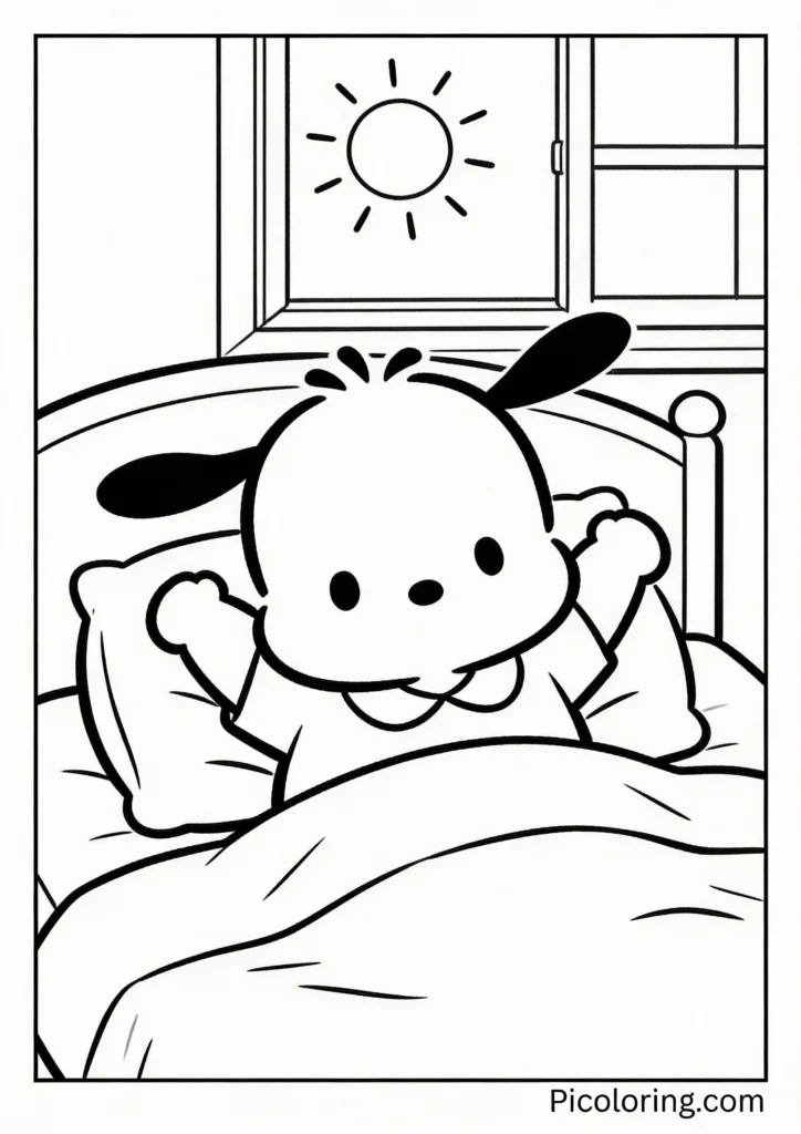 Pochacco waking up and stretching in bed with a sunny window