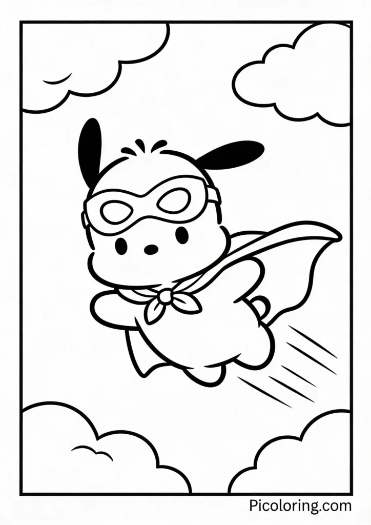 Pochacco wearing a cape and mask flying through the sky