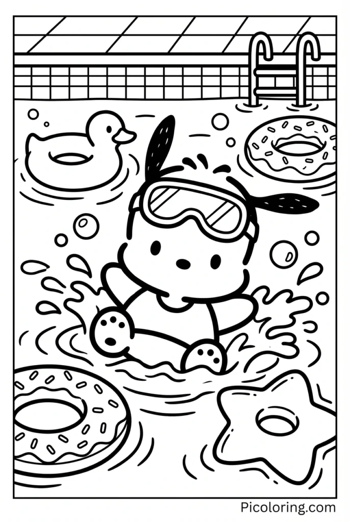 Pochacco wearing goggles and swimming in a pool with floaties around him