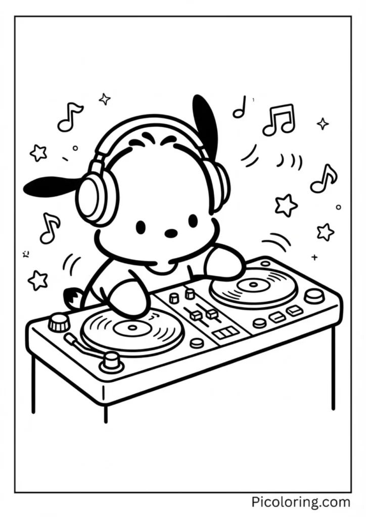 Pochacco wearing headphones and spinning records at a DJ booth