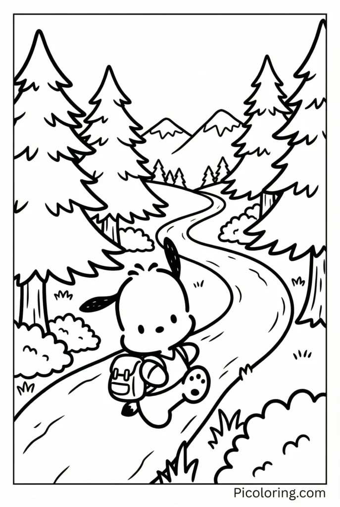 Pochacco with a backpack climbing a mountain trail with trees around