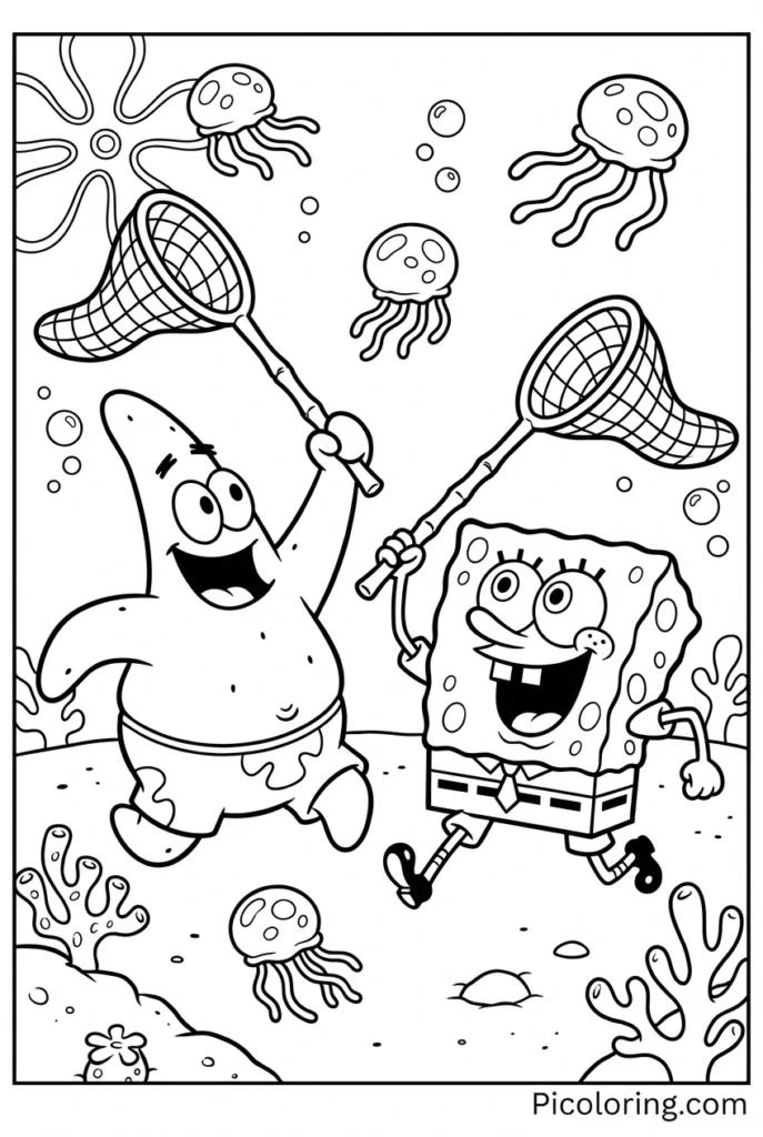Patrick and SpongeBob holding nets chasing jellyfish