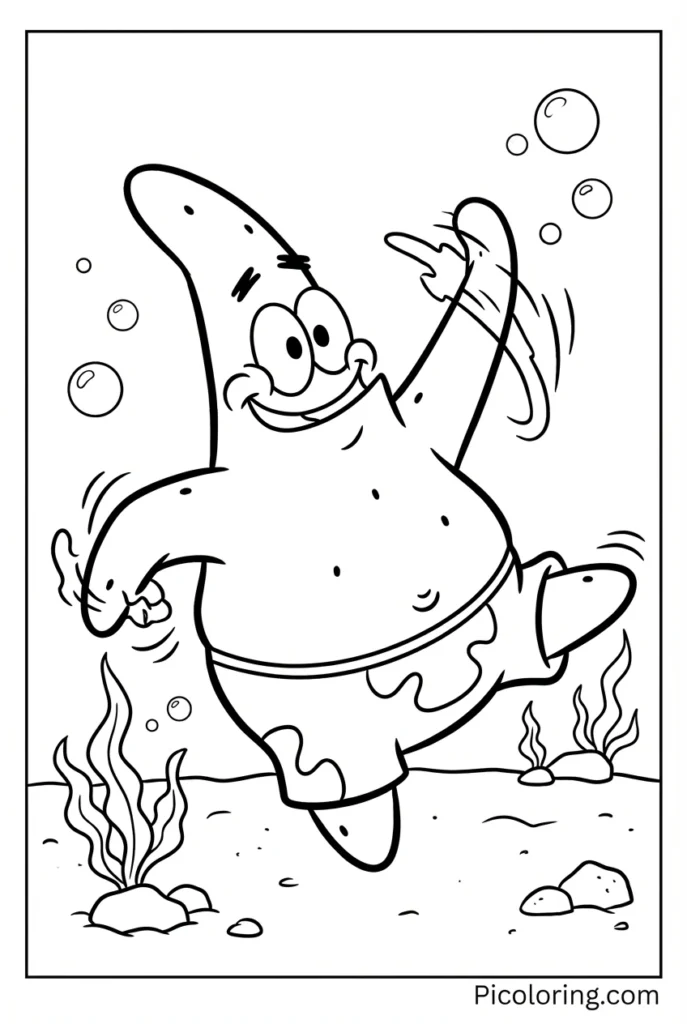 Patrick doing a goofy dance with arms waving around