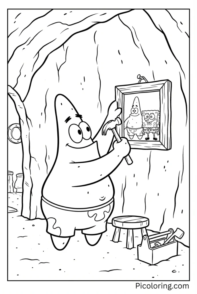 Patrick hanging a picture frame inside his simple rock house