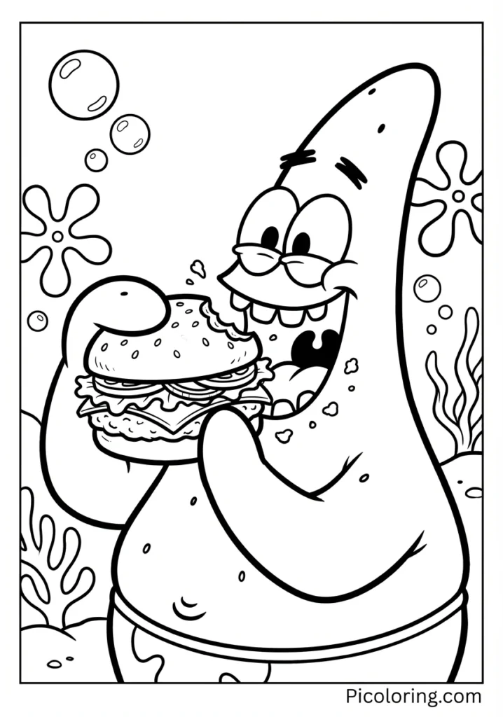 Patrick happily eating a delicious Krabby Patty