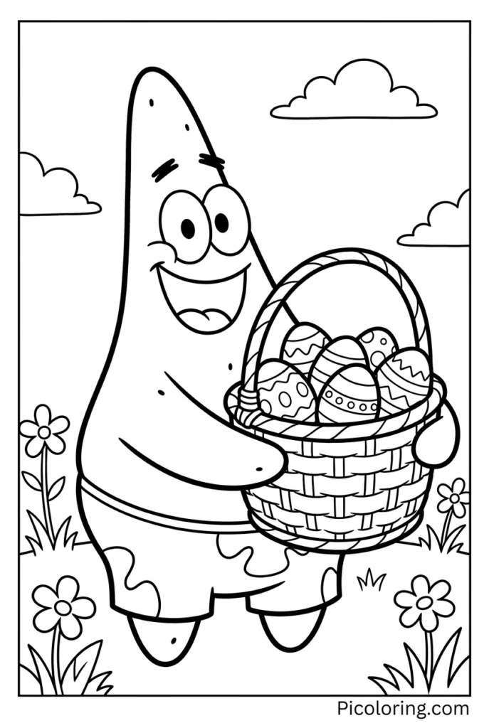Patrick holding a basket of colorful Easter eggs