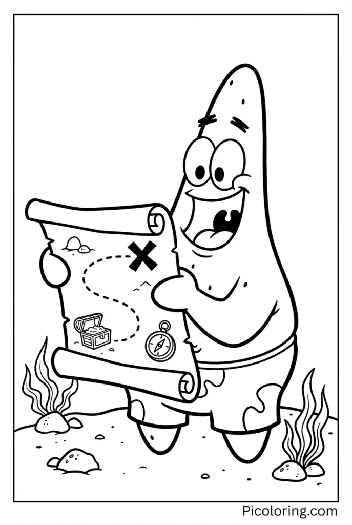 Patrick holding a treasure map with an excited expressionPatrick holding a treasure map with an excited expression