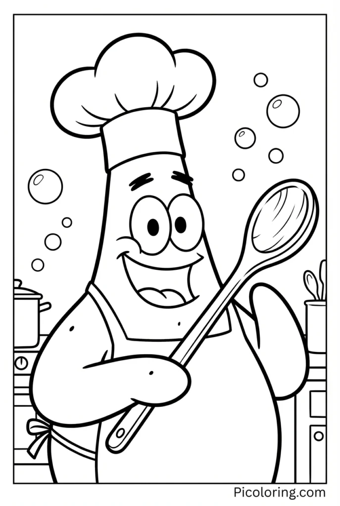 Patrick in a chef hat holding a cooking spoon