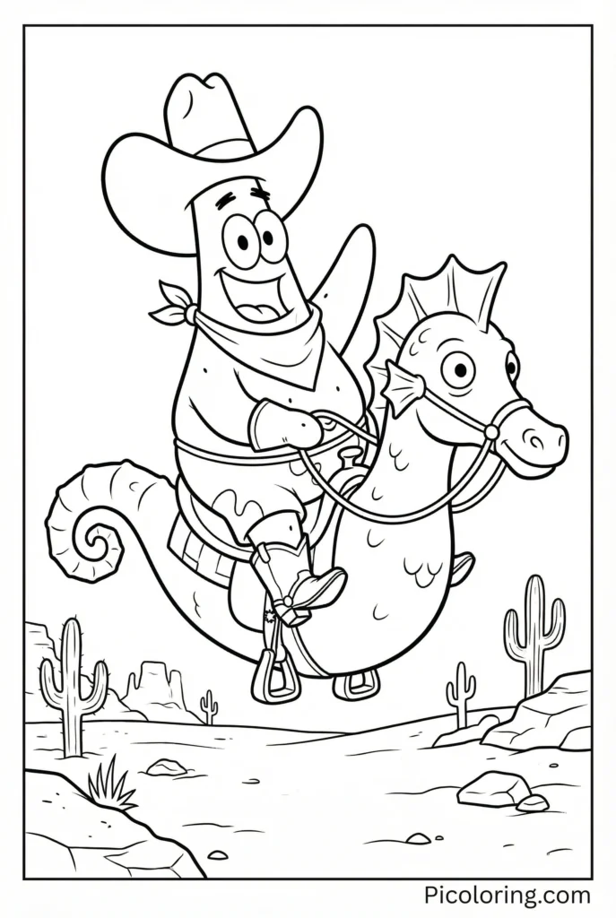 Patrick in cowboy boots and hat riding a seahorse