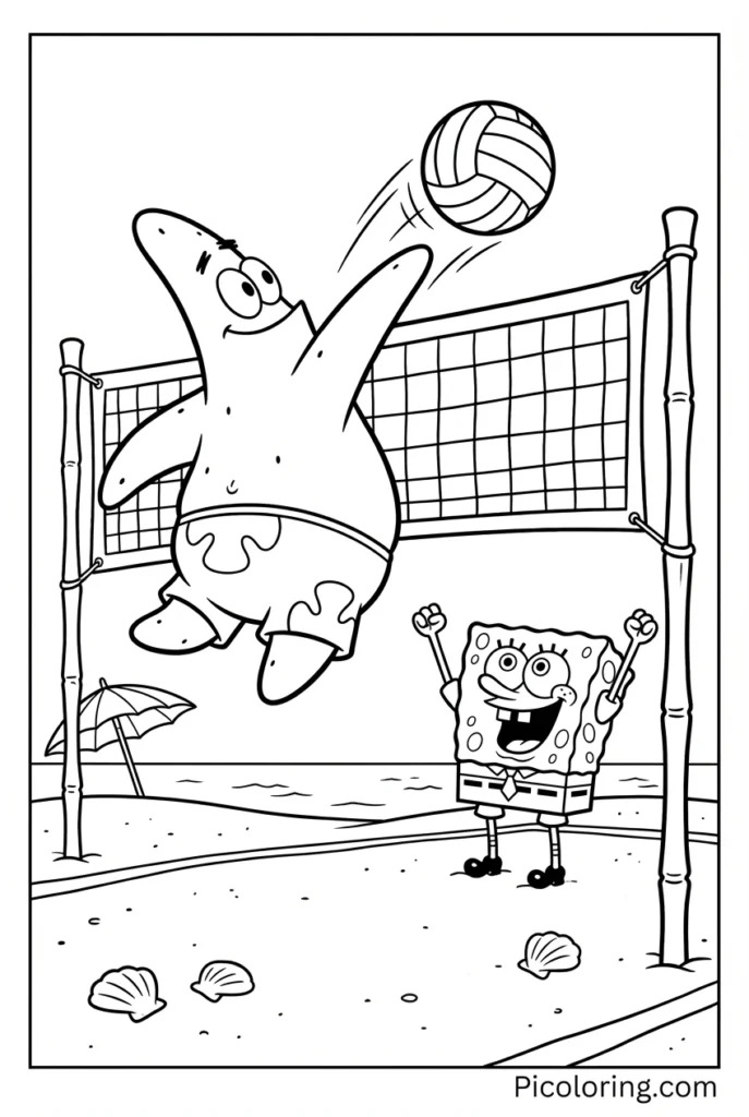 Patrick jumping to hit a volleyball over a net