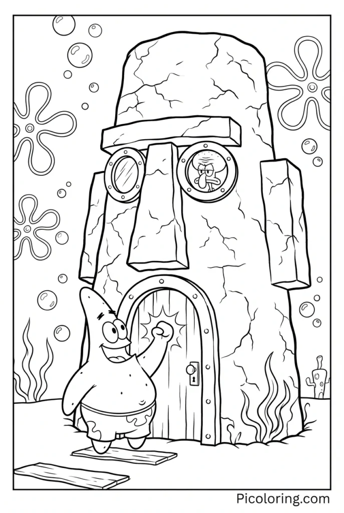 Patrick knocking on Squidward Easter Island head house