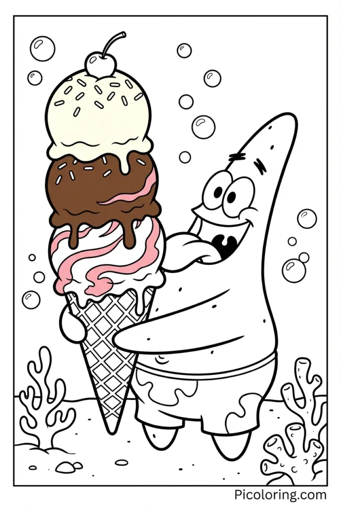 Patrick licking a giant triple-scoop ice cream cone