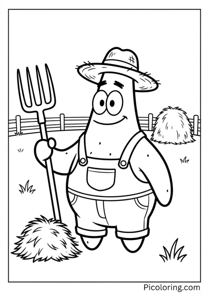 Patrick on a farm with a pitchfork and hay