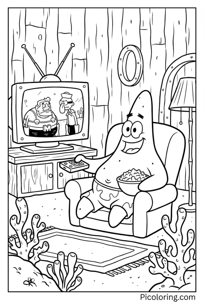 Patrick sitting comfortably watching his favorite show with a remote control