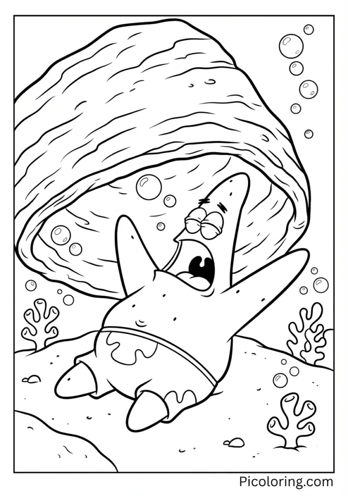 Patrick stretching and yawning after a long sleep under his rock