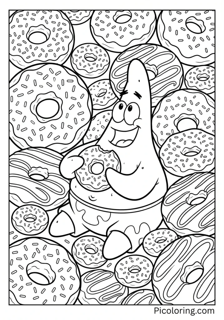 Patrick surrounded by colorful donuts with sprinkles
