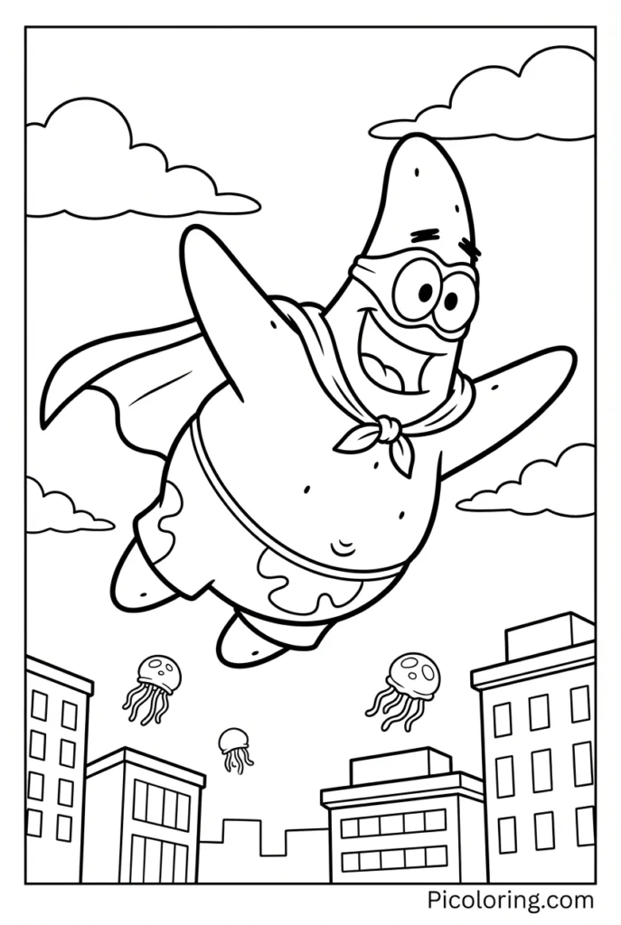 Patrick wearing a cape and mask flying through the sky