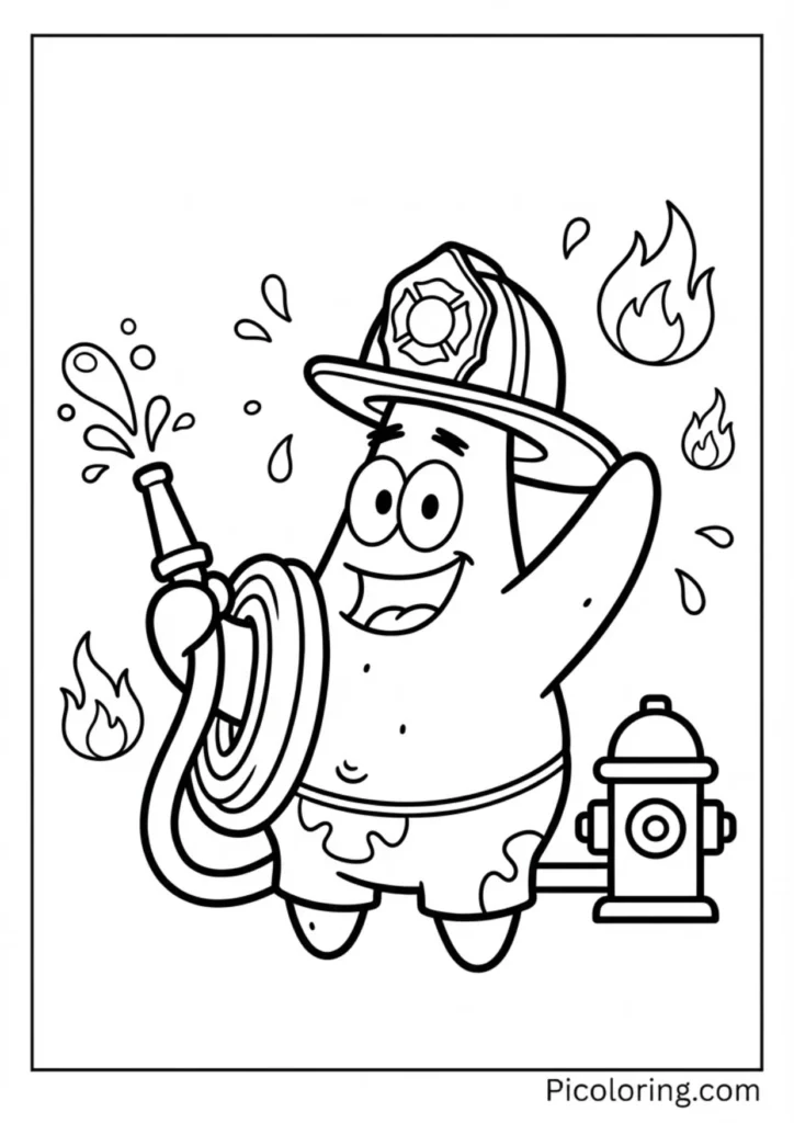 Patrick wearing a fire helmet holding a water hose