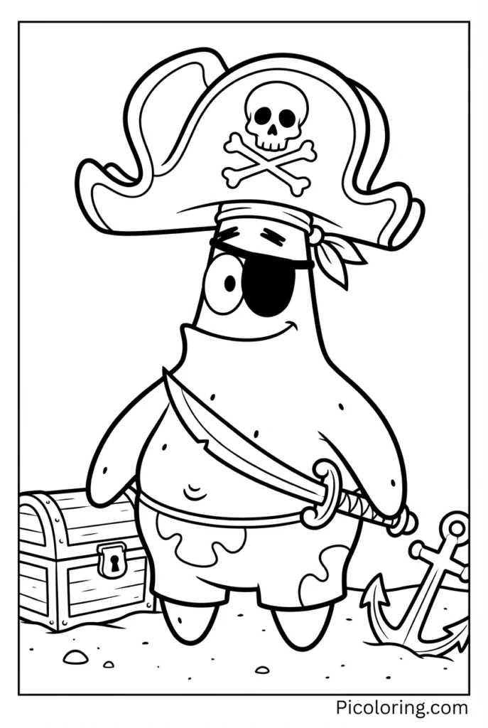 Patrick wearing a pirate hat and eyepatch with a sword