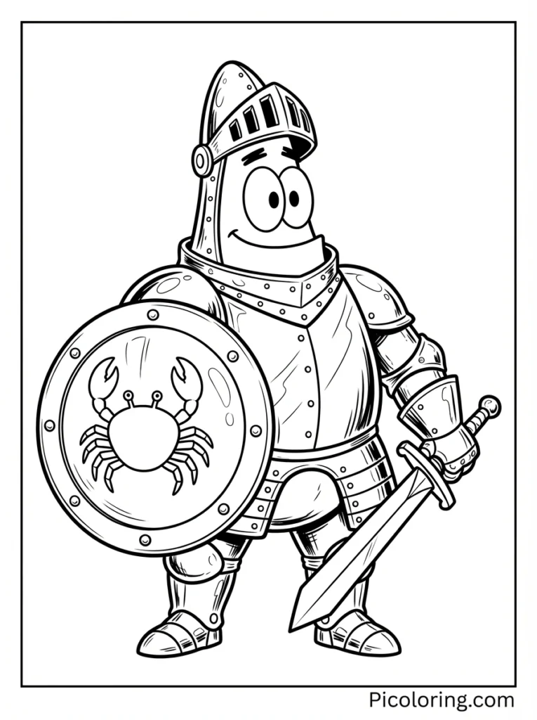 Patrick wearing shiny armor holding a shield