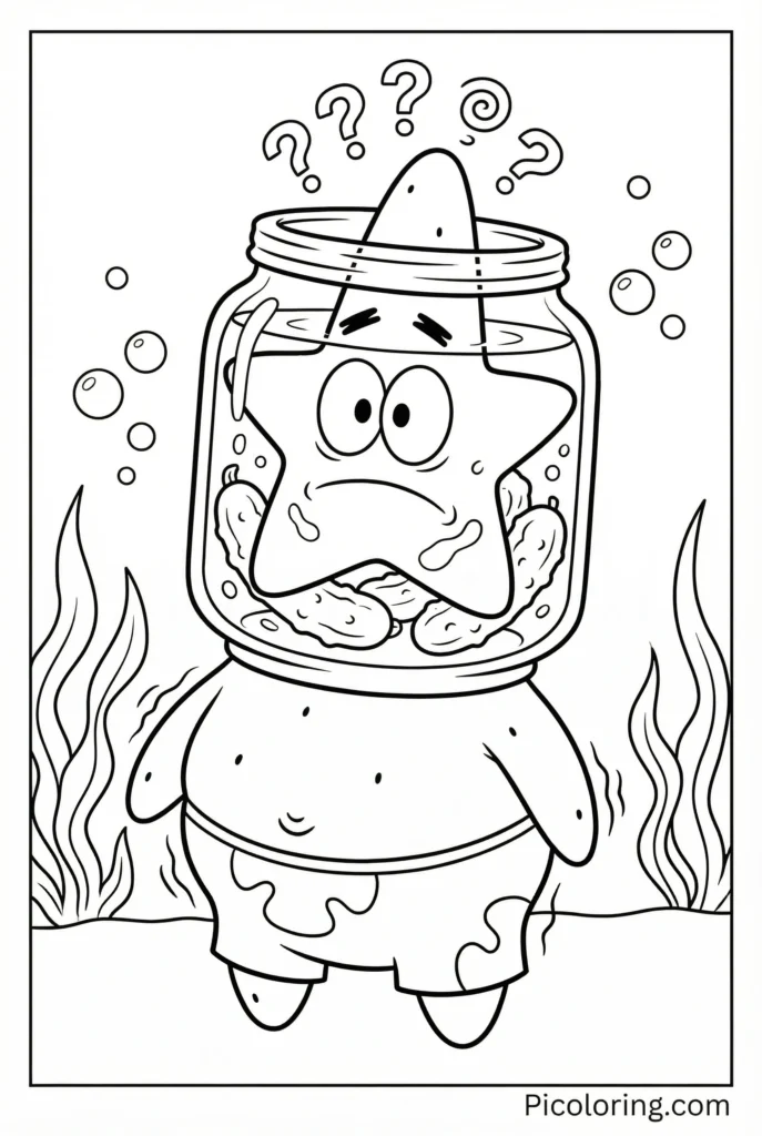 Patrick with his head stuck in a pickle jar looking confused