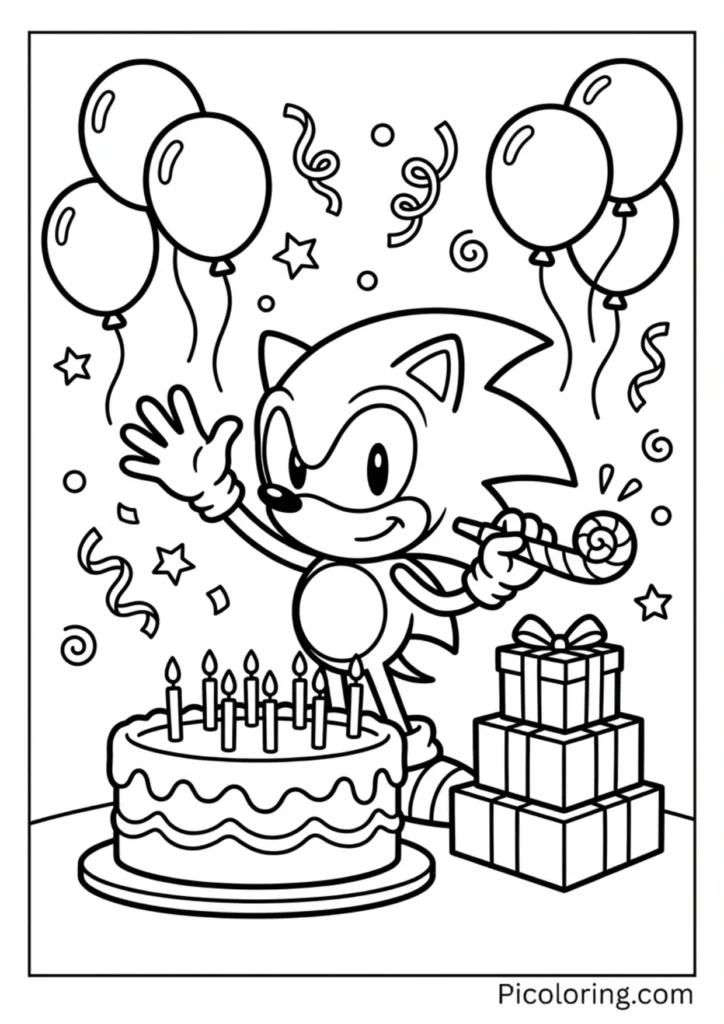 Sonic celebrating with a birthday cake, balloons, and confetti