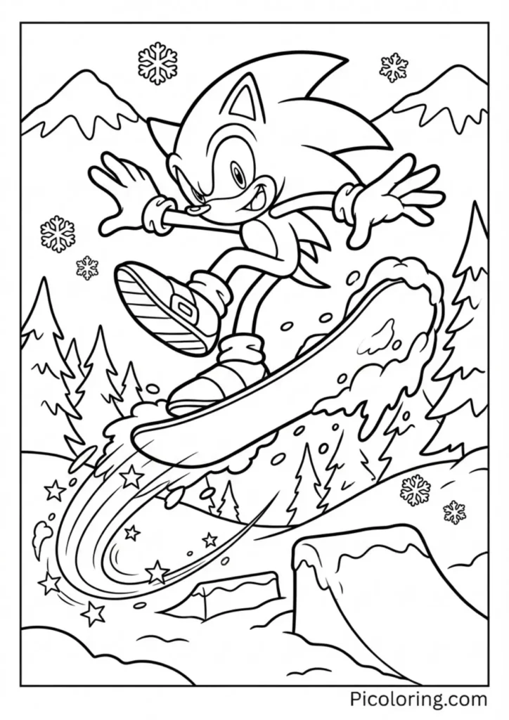 Sonic doing cool tricks on a snowboard down a snowy mountain