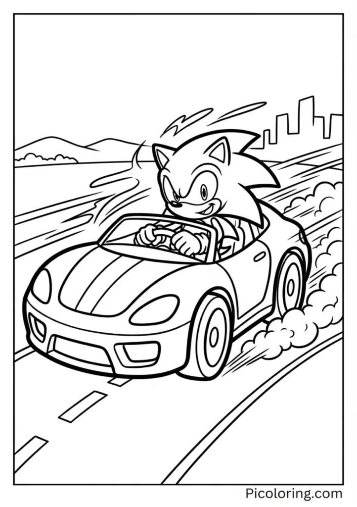 Sonic driving a cool blue sports car at high speed