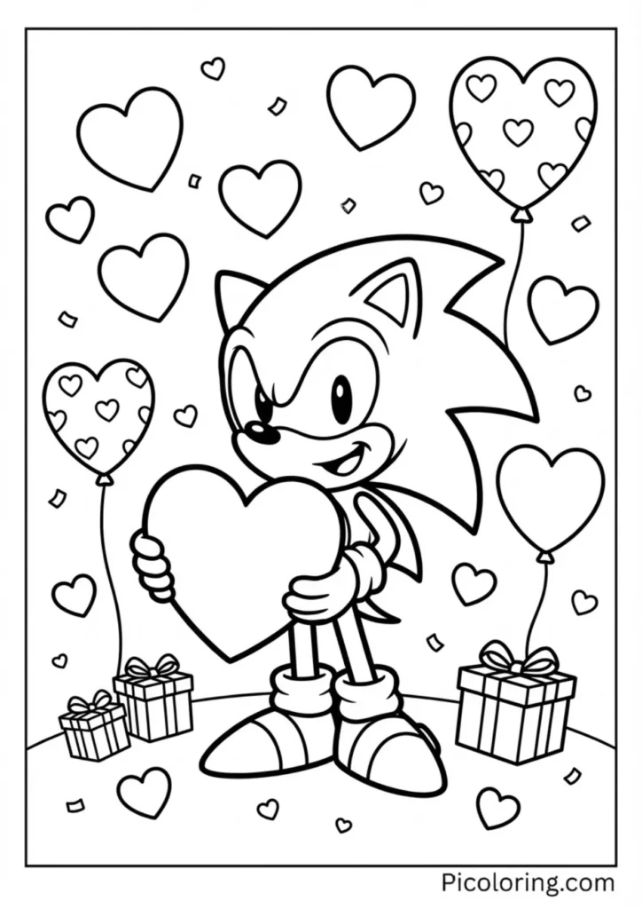 Sonic holding a heart with cute Valentine decorations around him