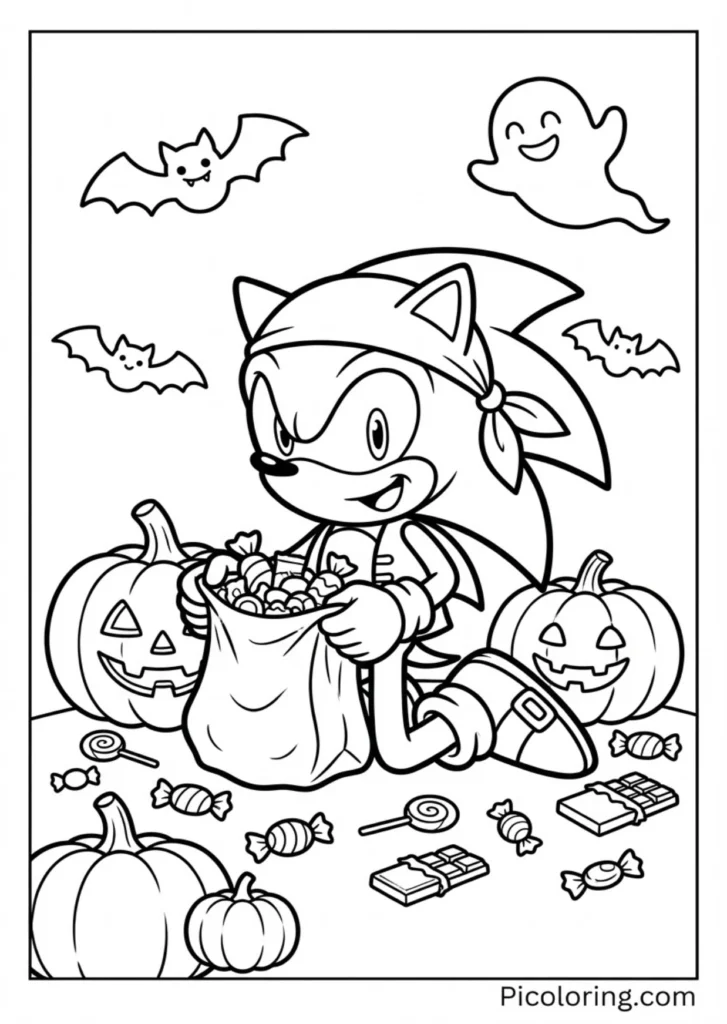 Sonic in a fun costume surrounded by pumpkins and candy