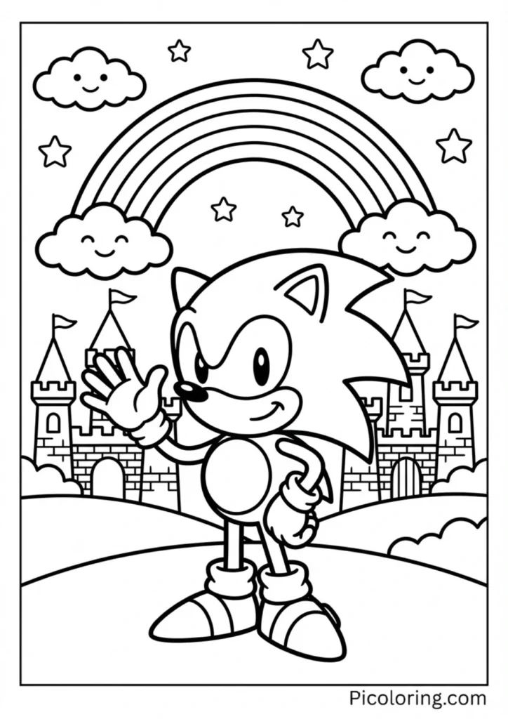Sonic in a magical fantasy world with castles and rainbows
