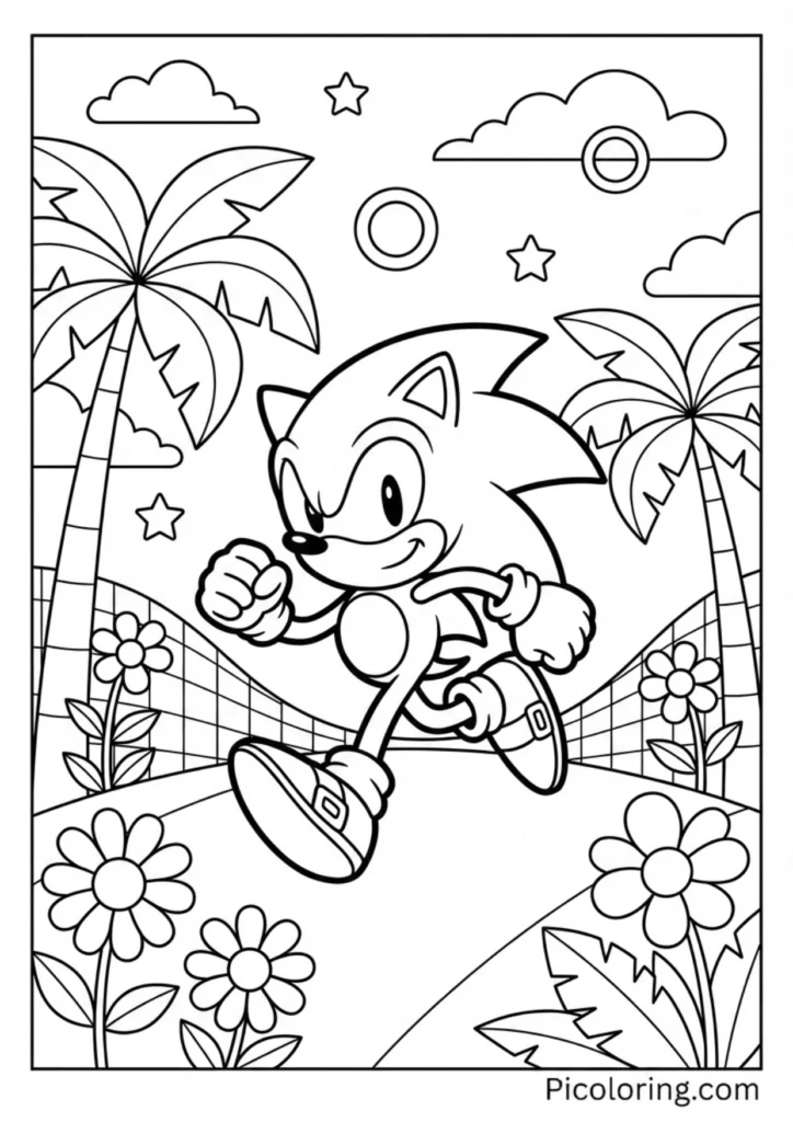 Sonic in the iconic checkered green hills with palm trees and flowers