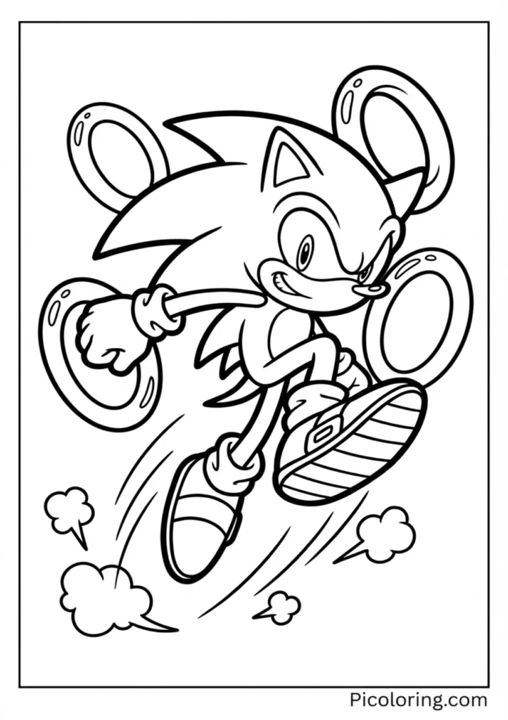 Sonic leaping through the air with golden rings around him