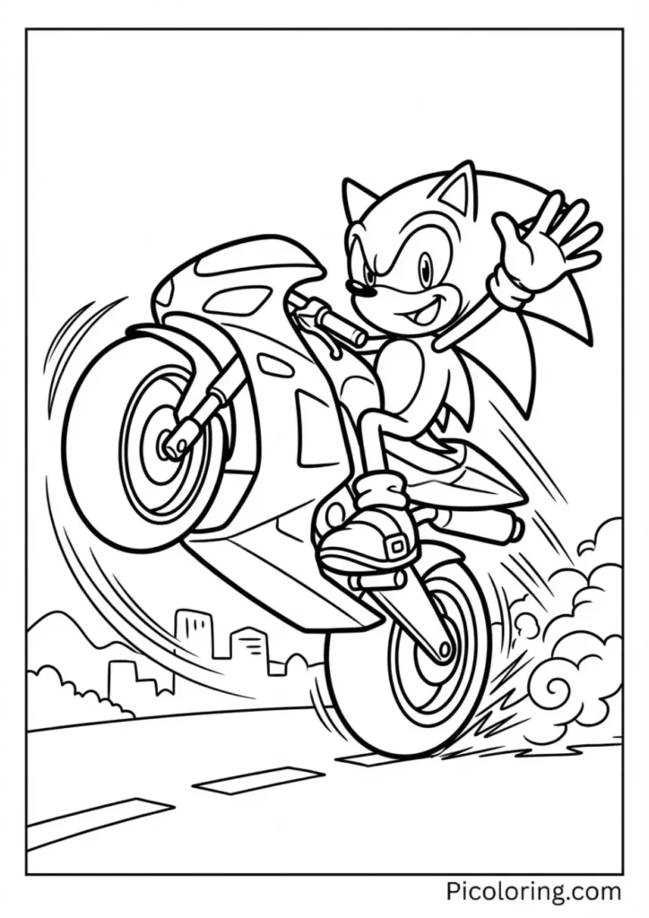 Sonic on a sleek motorcycle doing a wheelie