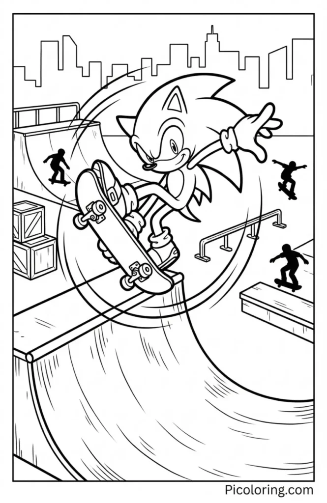 Sonic performing awesome skateboard tricks at a skate park