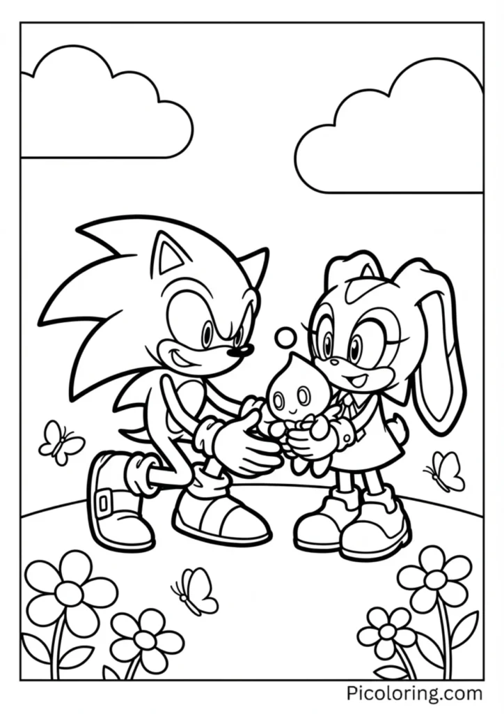 Sonic playing with Cream the Rabbit and her little Chao pet