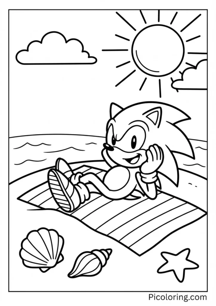 Sonic relaxing on a sunny beach with waves and seashells
