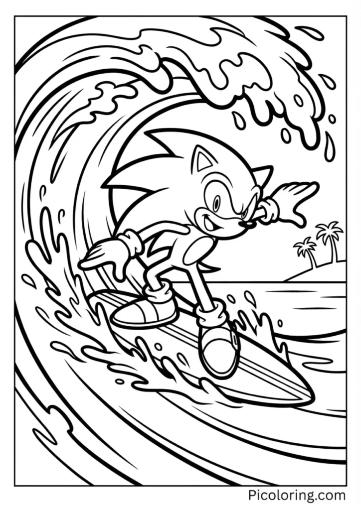 Sonic riding a big wave on a surfboard