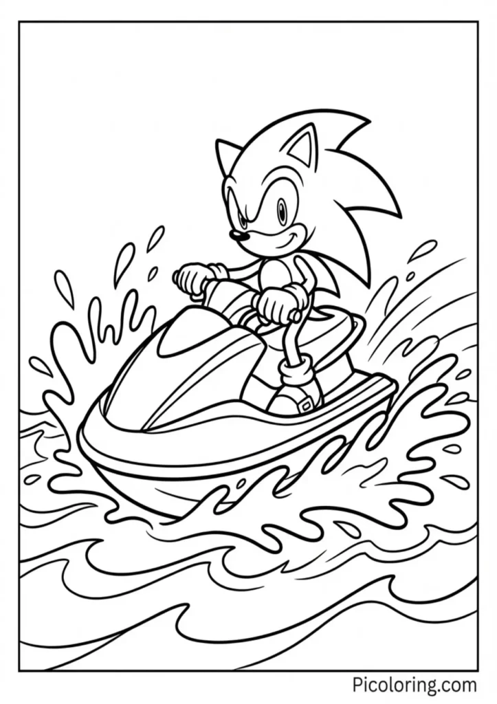 Sonic riding a jet ski across the water with splashes