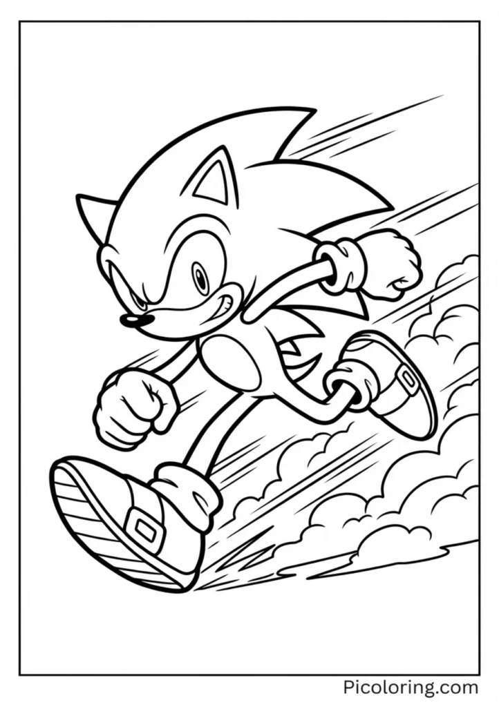 Sonic running at full speed with motion lines and dust clouds behind him