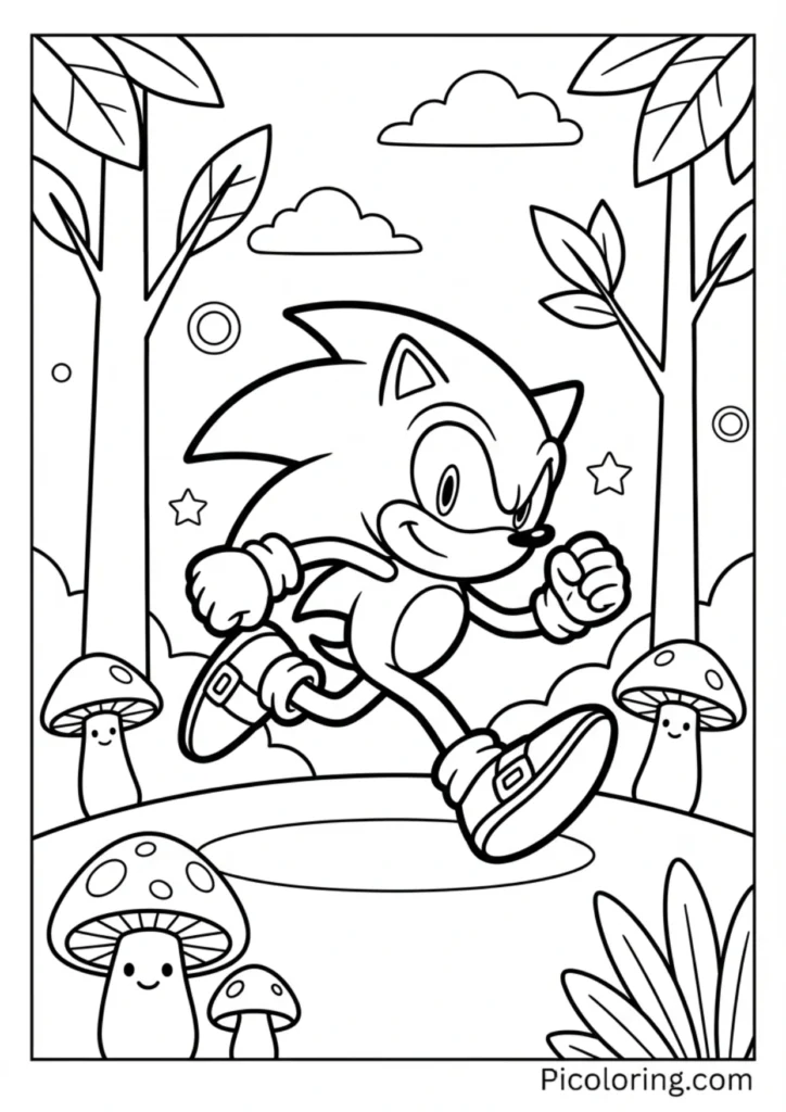 Sonic running through a beautiful forest with tall trees and mushrooms
