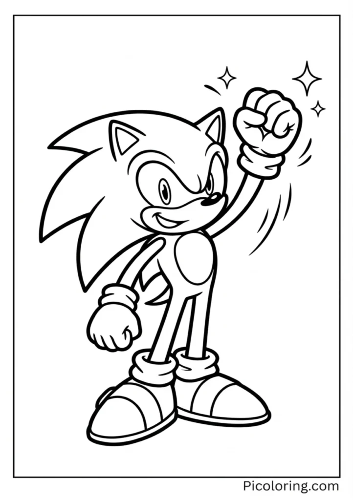 Sonic standing confidently with his fist raised and a big smile
