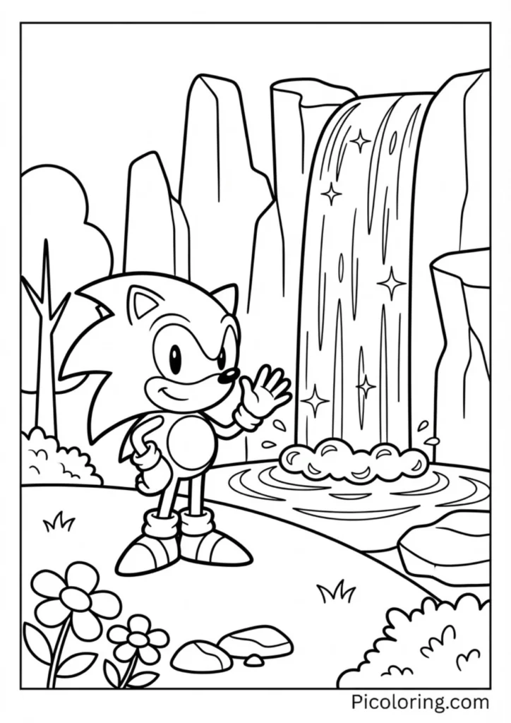 Sonic standing near a sparkling waterfall in a peaceful setting